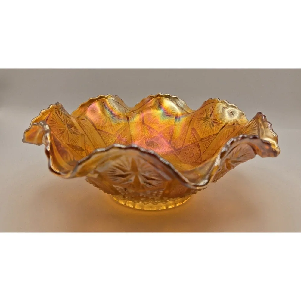 Carnival‎ Glass Bowl Vintage Iridescent Marigold Ruffled Edge And  'Star ...